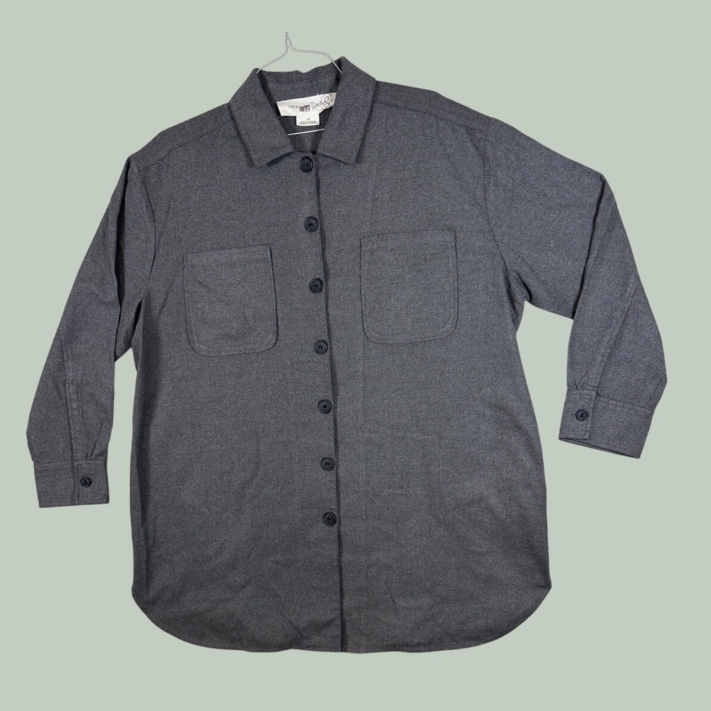 Treasure & Bond Womens 1X Charcoal Gray Flannel Button Down Shirt Shacket Pocket